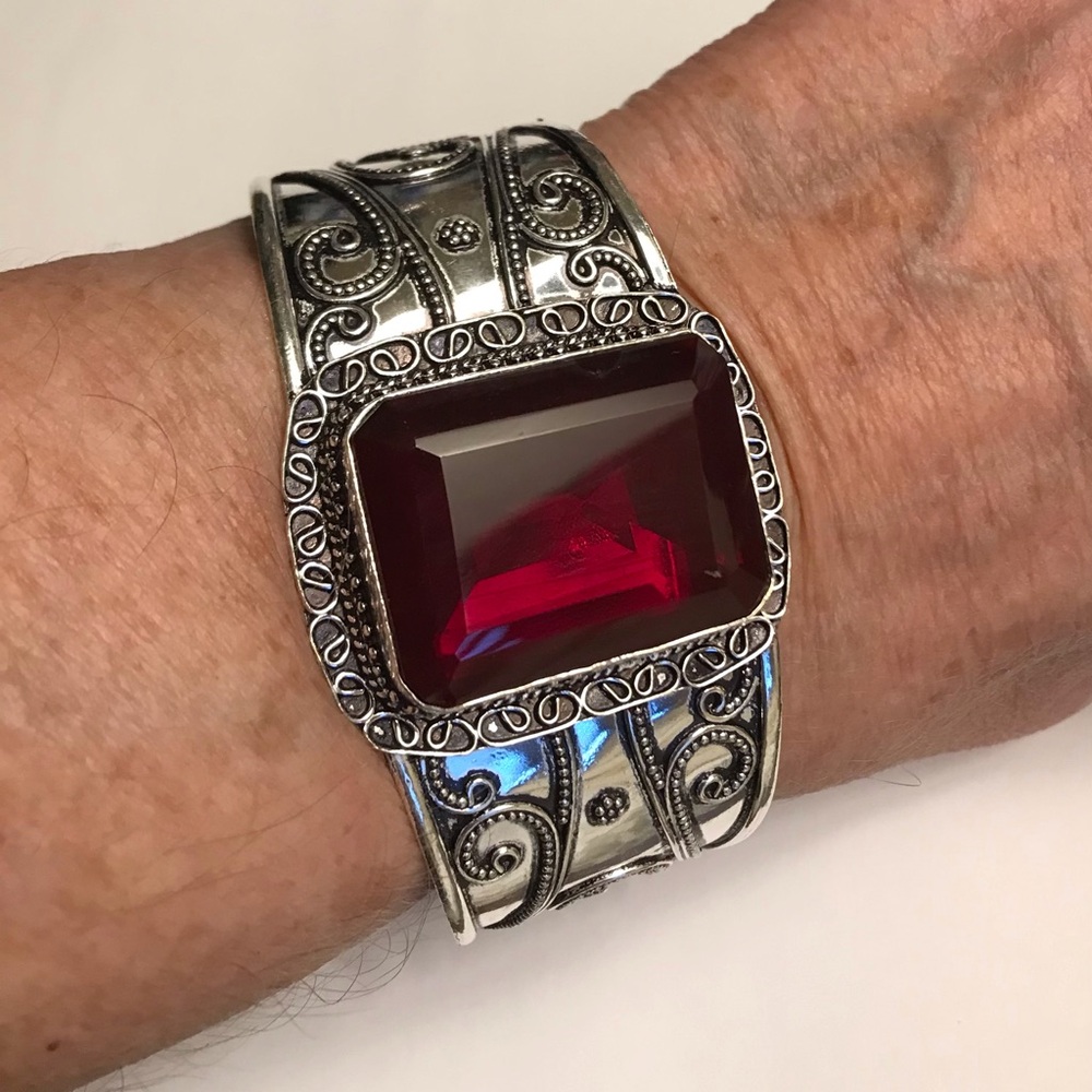 Garnet Stamped Solid 925 Sterling Silver Cuff Bracelet